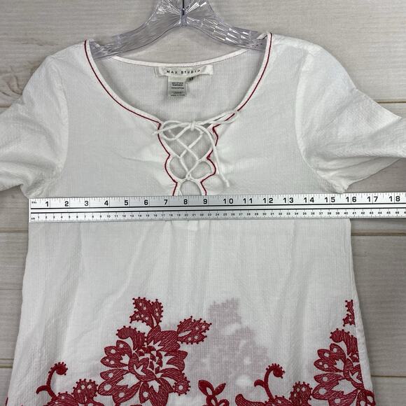 Max Studio Embroidered Peasant Blouse XS White Red Floral 100% Cotton 3/4 Slv - Picture 8 of 9